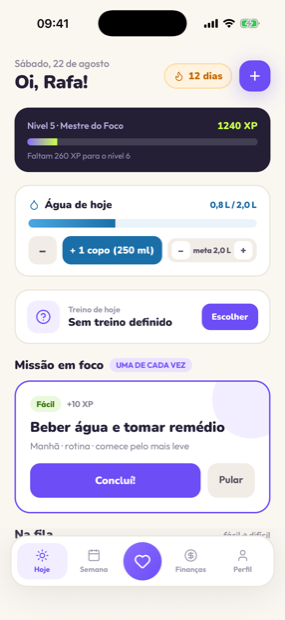 Tela Hoje do Momo, com a missão em foco, o card de XP e o registro de água