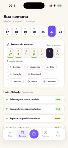 Tela Semana: treinos da semana e missões por dia
