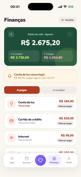 Tela Finanças: saldo do mês, contas a pagar e meta de reserva