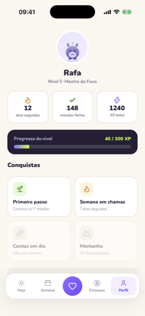 Tela Perfil: sequência, missões feitas, XP e conquistas