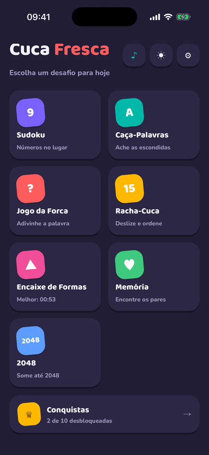 Tela inicial no modo escuro