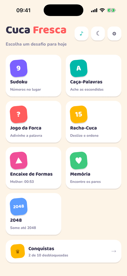 Tela inicial com os sete jogos