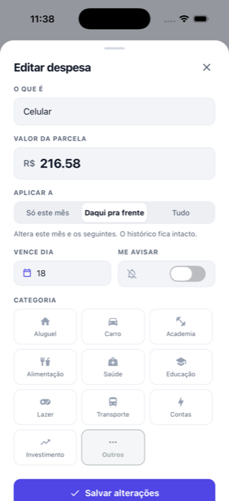 Formulário de edição de despesa com o seletor Aplicar a, oferecendo só este mês, daqui pra frente ou tudo.