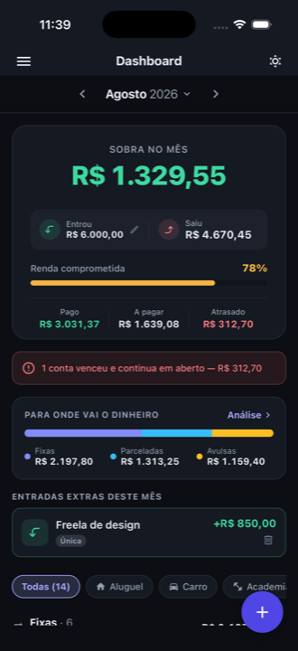O mesmo painel do mês exibido no tema escuro do aplicativo.