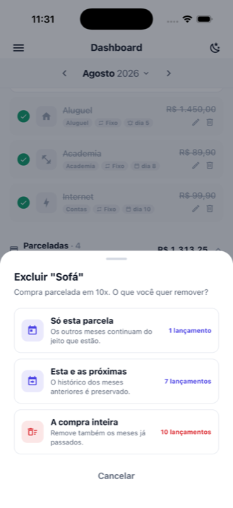 Tela de exclusão de uma compra parcelada, com as opções de remover só esta parcela, esta e as próximas, ou a compra inteira, indicando quantos lançamentos cada opção apaga.