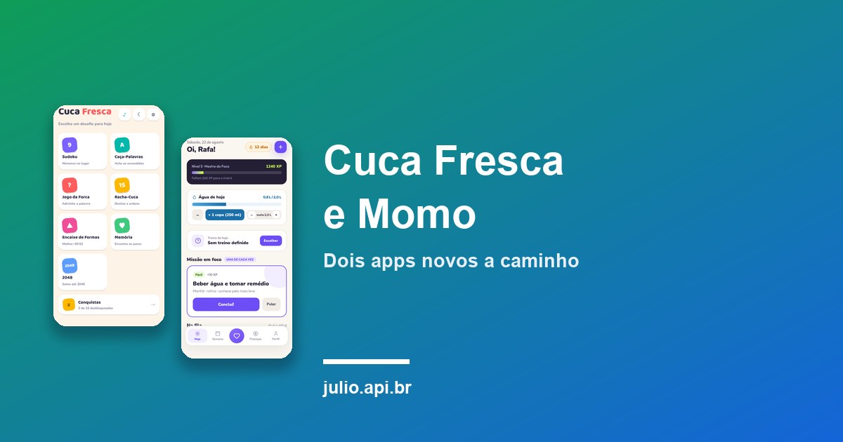 Capa do artigo sobre os dois apps novos, com as telas do Cuca Fresca e do Momo lado a lado