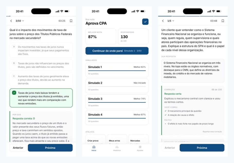 Telas do app Aprova CPA: Simulados