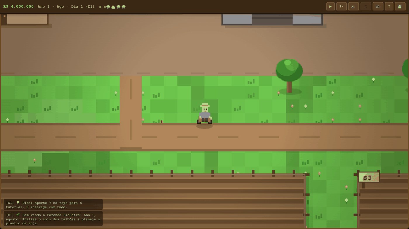 Tela do BioSafra, simulador de fazenda em pixel art rodando no navegador