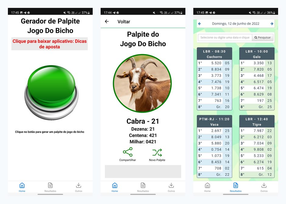 Telas do app Palpites do Bicho