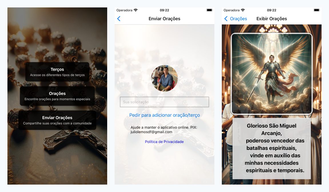 Telas do app Terços & Fé